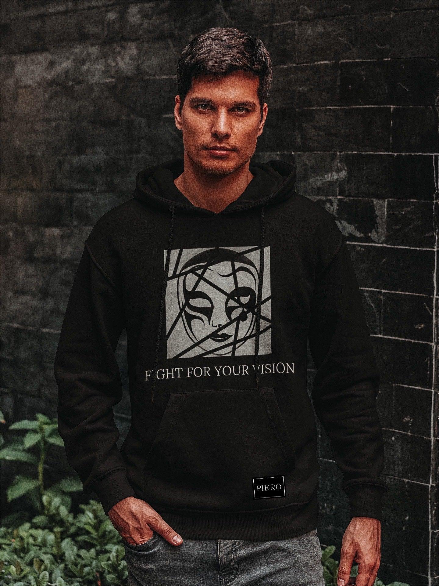 Slim Fit Black Hoodie Reflective Fight For Your Vision Square Logo Heavy Organic Cotton - PIERO Luxury Design