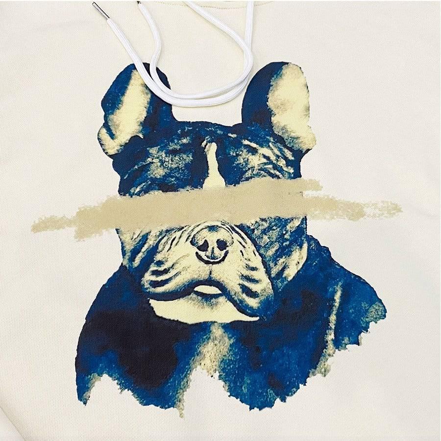 Slim Fit Off White Hoodie Crazy Dog Design Heavy Organic Cotton - PIERO Luxury Design