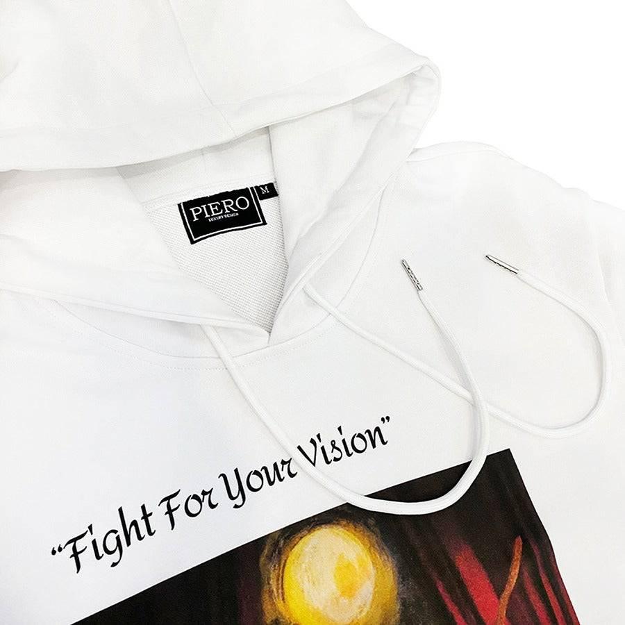 Slim Fit White Hoodie Fight For Your Vision Organic Heavy Cotton - PIERO Luxury Design